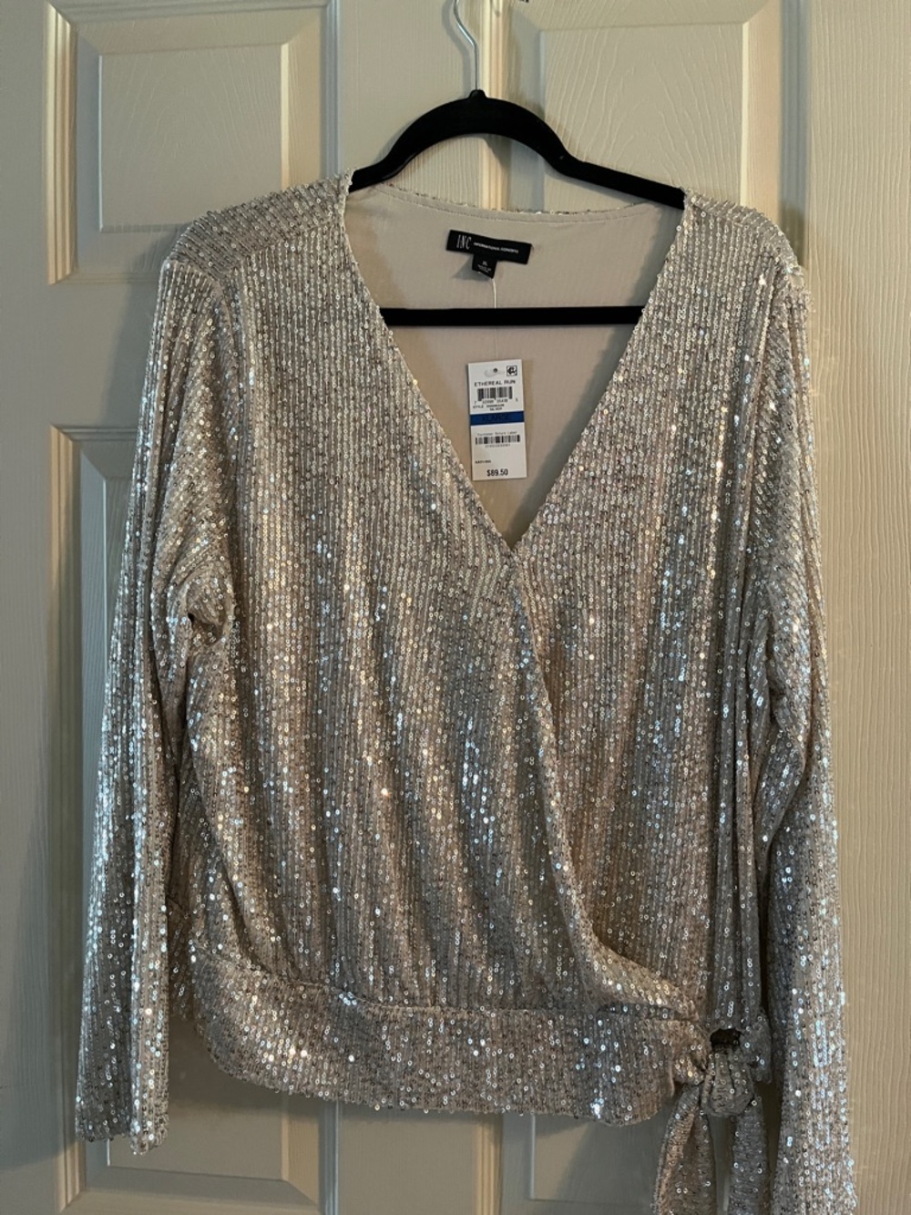 INC International Concepts Silver Sequin Wrap-Front Long-Sleeve Top